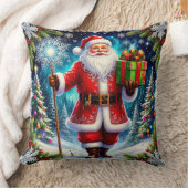 冬の風光明媚な街で贈り物を手にしたサンタクロース クッション (ブランケット)