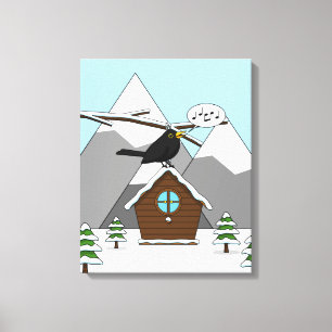 冬の風景で歌うハッピーブラックバード キャンバスプリント