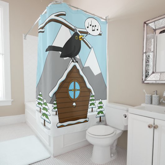 冬の風景で歌うハッピーブラックバード シャワーカーテン (インサイチュ)