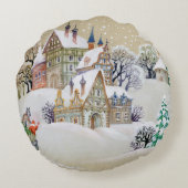 冬の風景と手描きイラストレーション ラウンドクッション (裏面)