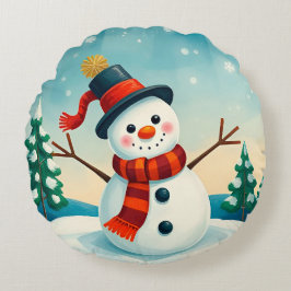 冬の風景の中で明るい雪だるま ラウンドクッション