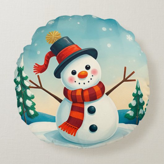 冬の風景の中で明るい雪だるま ラウンドクッション (正面)