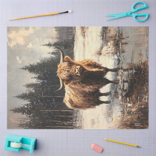 冬の風景の中のハイランドカウズデコパージュ 薄葉紙 (クラフト)