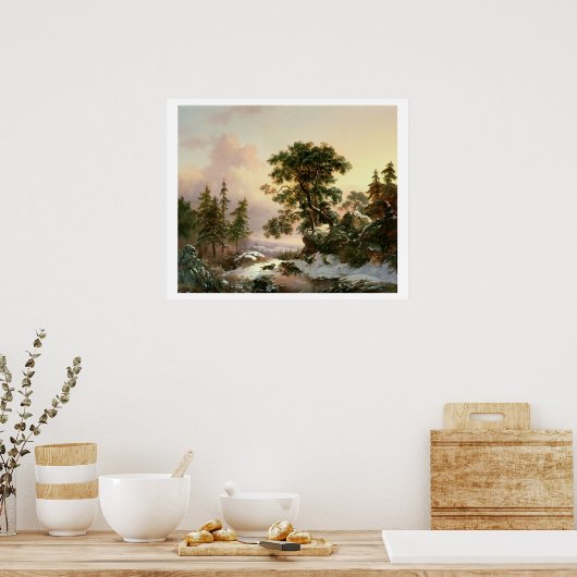 冬の風景の中の狼(パネル上の油) ポスター (キッチン)