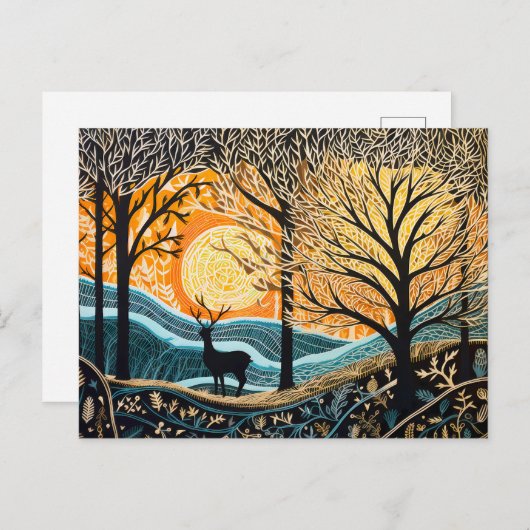 冬の風景の中の鹿。抽象芸術リノリウム シーズンポストカード (正面/裏面)