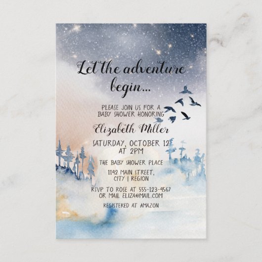 冬の風景の冒険が赤ちゃんのシャワーを開始 エンクロージャーカード (正面)