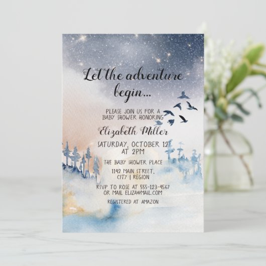 冬の風景の冒険が赤ちゃんのシャワーを開始 招待状 (スタンド正面)