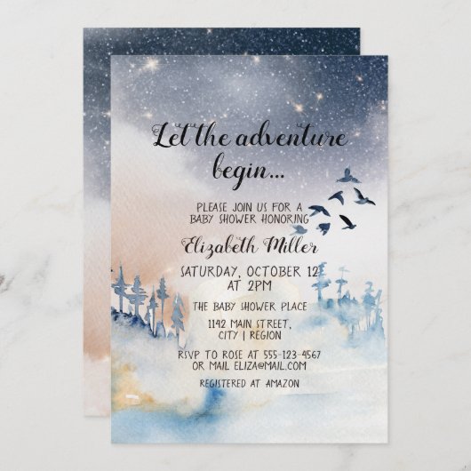 冬の風景の冒険が赤ちゃんのシャワーを開始 招待状 (正面/裏面)