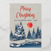 冬の風景の森ムーンネイビーブルーフォイルカード 箔招待状 (正面)