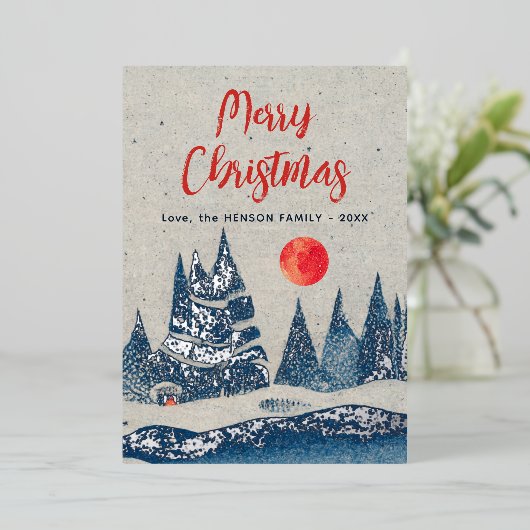 冬の風景の森ムーンネイビーブルーフォイルカード 箔招待状 (立ち正面)