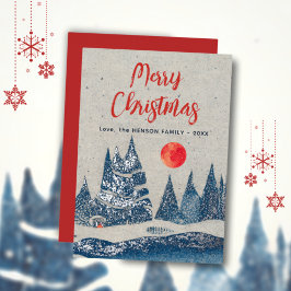 冬の風景の森ムーンネイビーブルーフォイルカード 箔招待状
