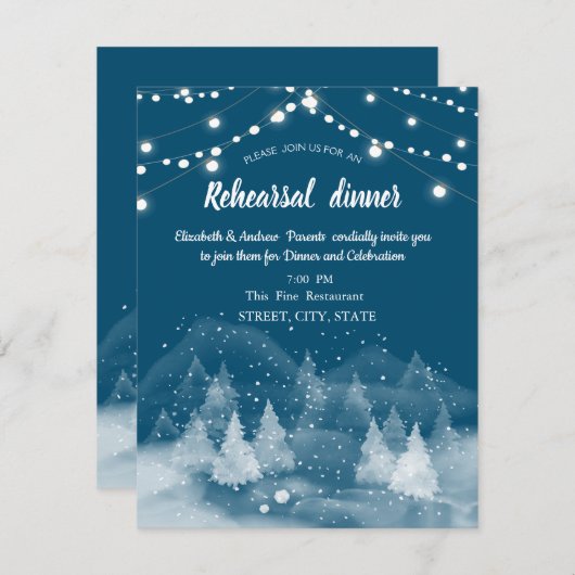 冬の風景の雪のリハーサルディナー 招待状 (正面/裏面)