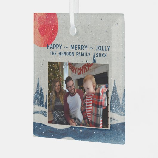 冬の風景の雪の森の月の写真クリスマス ガラスオーナメント (正面左)