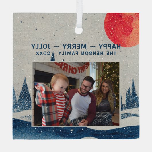 冬の風景の雪の森の月の写真クリスマス ガラスオーナメント (裏面)