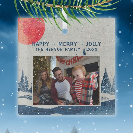 冬の風景の雪の森の月の写真クリスマス ガラスオーナメント