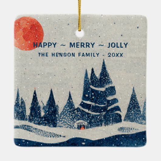 冬の風景の雪の森の月の写真クリスマス セラミックオーナメント (裏面)