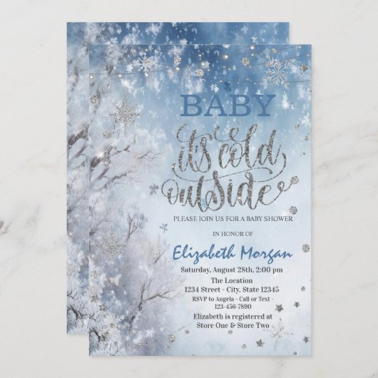 冬の風景ツリー赤ちゃんシャワー 招待状 (正面/裏面)