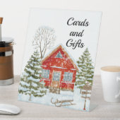 冬の風景レッドハウスカードとギフト 台座サイン (インサイチュ)