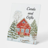 冬の風景レッドハウスカードとギフト 台座サイン (正面)