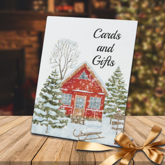 冬の風景レッドハウスカードとギフト 台座サイン