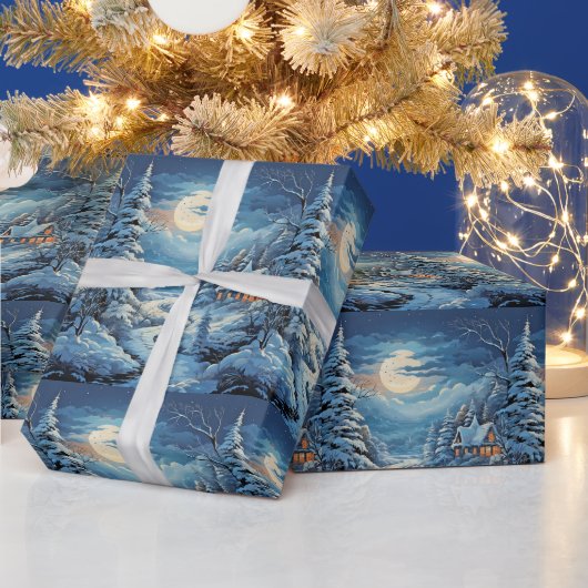 冬の風景ログキャビン松の木川 ラッピングペーパー (クリスマス)