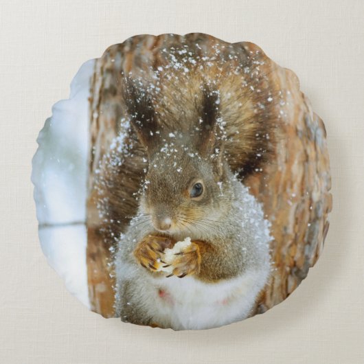 冬の風景内のかわいいリス ラウンドクッション (正面)