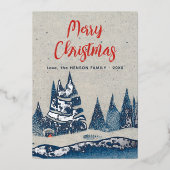 冬の風景森林海軍ブルーシルバーフォイルカード 箔招待状 (正面)