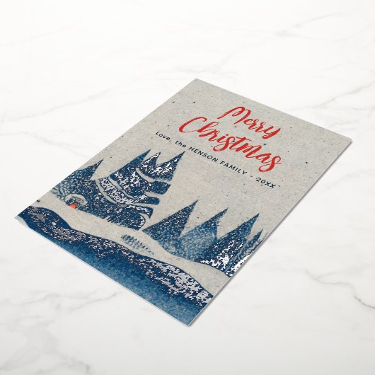 冬の風景森林海軍ブルーシルバーフォイルカード 箔招待状 (回転した状態)