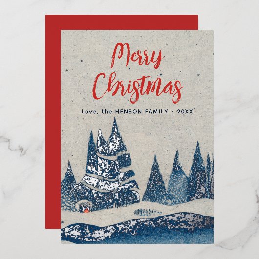 冬の風景森林海軍ブルーシルバーフォイルカード 箔招待状 (正面/裏面)