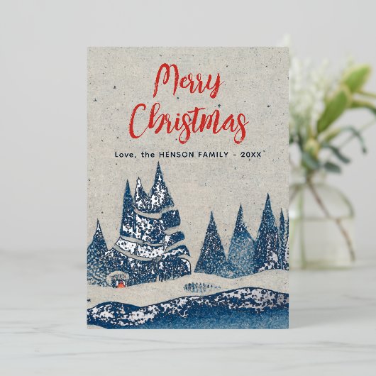 冬の風景森林海軍ブルーシルバーフォイルカード 箔招待状 (立ち正面)