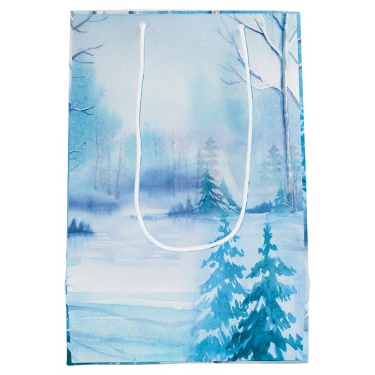 冬の風景水彩イラストレーション ミディアムペーパーバッグ (裏面)