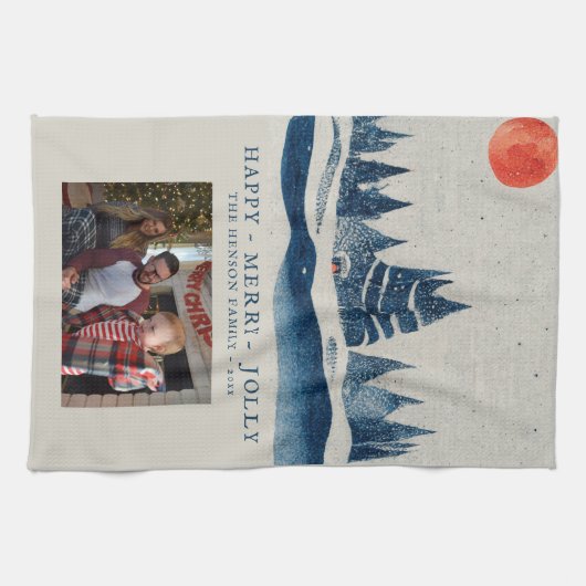 冬の風景雪の森の月のクリスマスフォト キッチンタオル (横)