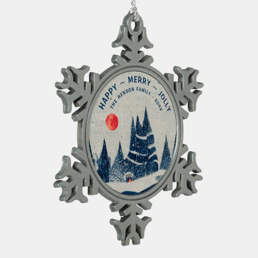 冬の風景雪の森ムーンファミリー スノーフレークピューターオーナメント (左)