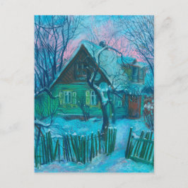 冬の風景 古いコテージの家 パステル画 ポストカード