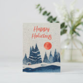 冬の風景 森の月 ネイビーブルーの絵画 シーズンポストカード (スタンド正面)