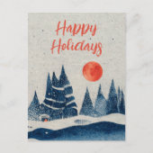 冬の風景 森の月 ネイビーブルーの絵画 シーズンポストカード (正面)