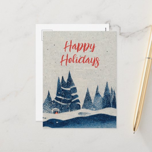 冬の風景 森 ネイビーブルーの絵 シーズンポストカード (正面/裏面インサイチュ)