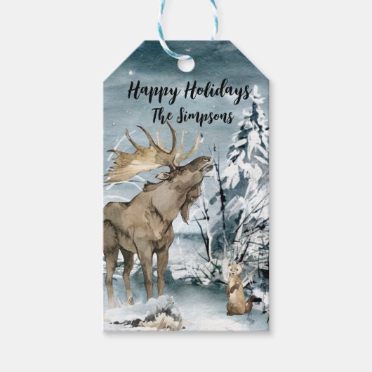 冬の風景 水彩画 ムース ハッピーホリデー ギフトタグ (正面)