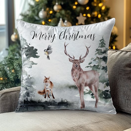 冬の風景 水彩 鹿 クリスマス クッション