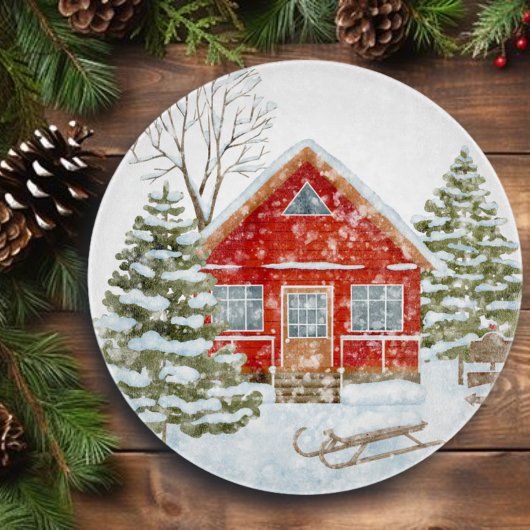 冬の風景 赤い家 カッティングボード