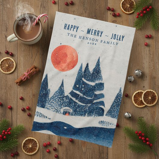 冬の風景 雪の森 月 クリスマス キッチンタオル