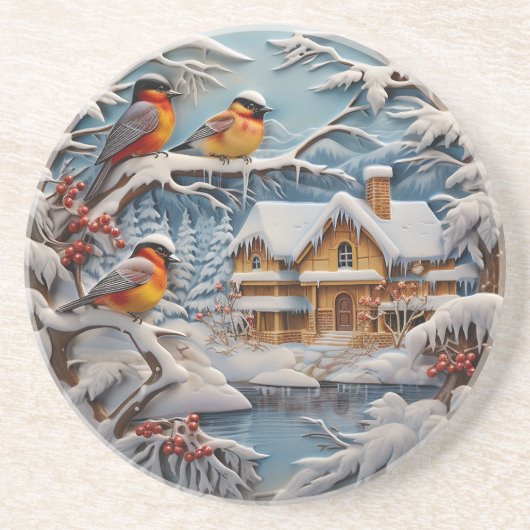 冬の風景、雪、カラフル鳥 コースター (正面)