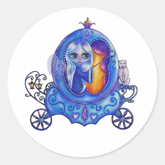 冬の馬車に乗る妖精の極熊かわいい大きな目 ラウンドシール (正面)