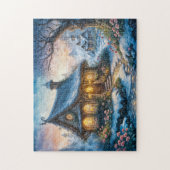 冬の魅力的コテージとフェスティバル ジグソーパズル (縦)