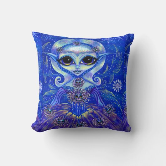 冬の魔法フェアリーの人形と猫と雪片 クッション (正面)