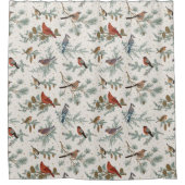 冬の鳥と松の枝模様 シャワーカーテン (正面)