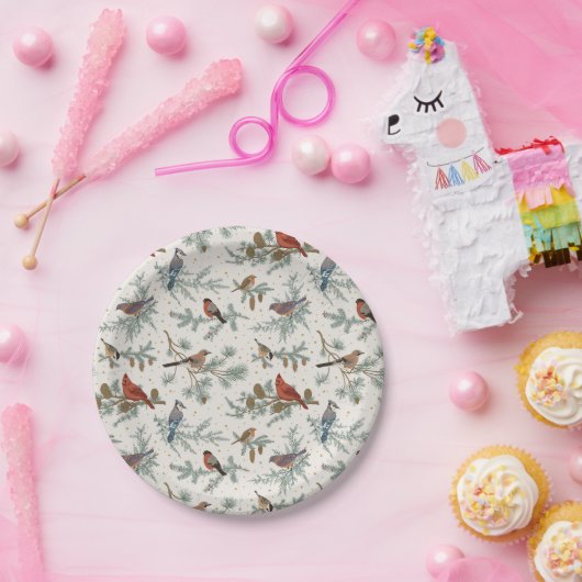 冬の鳥と松の枝模様 ペーパープレート (パーティー)