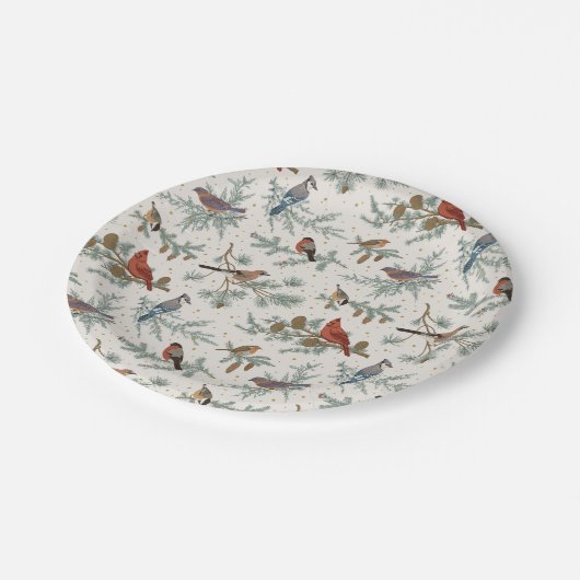 冬の鳥と松の枝模様 ペーパープレート (アングル)