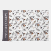 冬の鳥と柊のパターンクリスマス キッチンタオル (横)