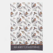 冬の鳥と柊のパターンクリスマス キッチンタオル (縦)